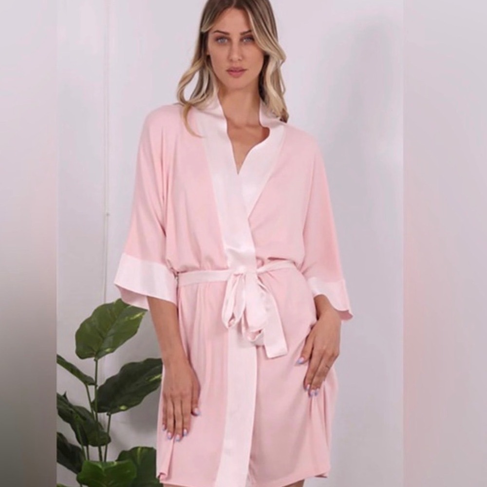 PJ Harlow Robe Shala Rib Satin Trim Women M/L Blush Pink Loungewear Coquette